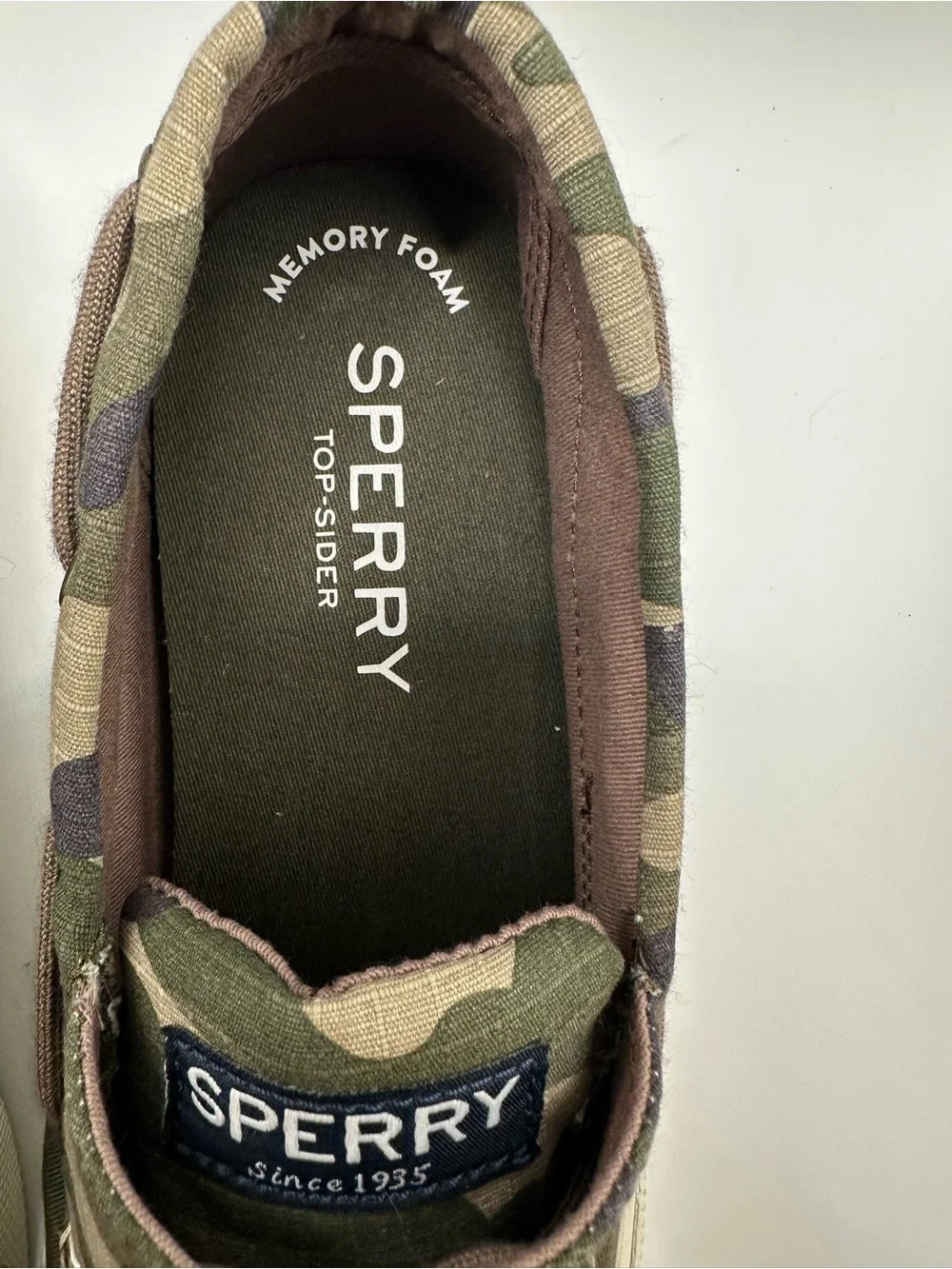 Sperry Olive Canvas Boat Shoes with Camo Trim